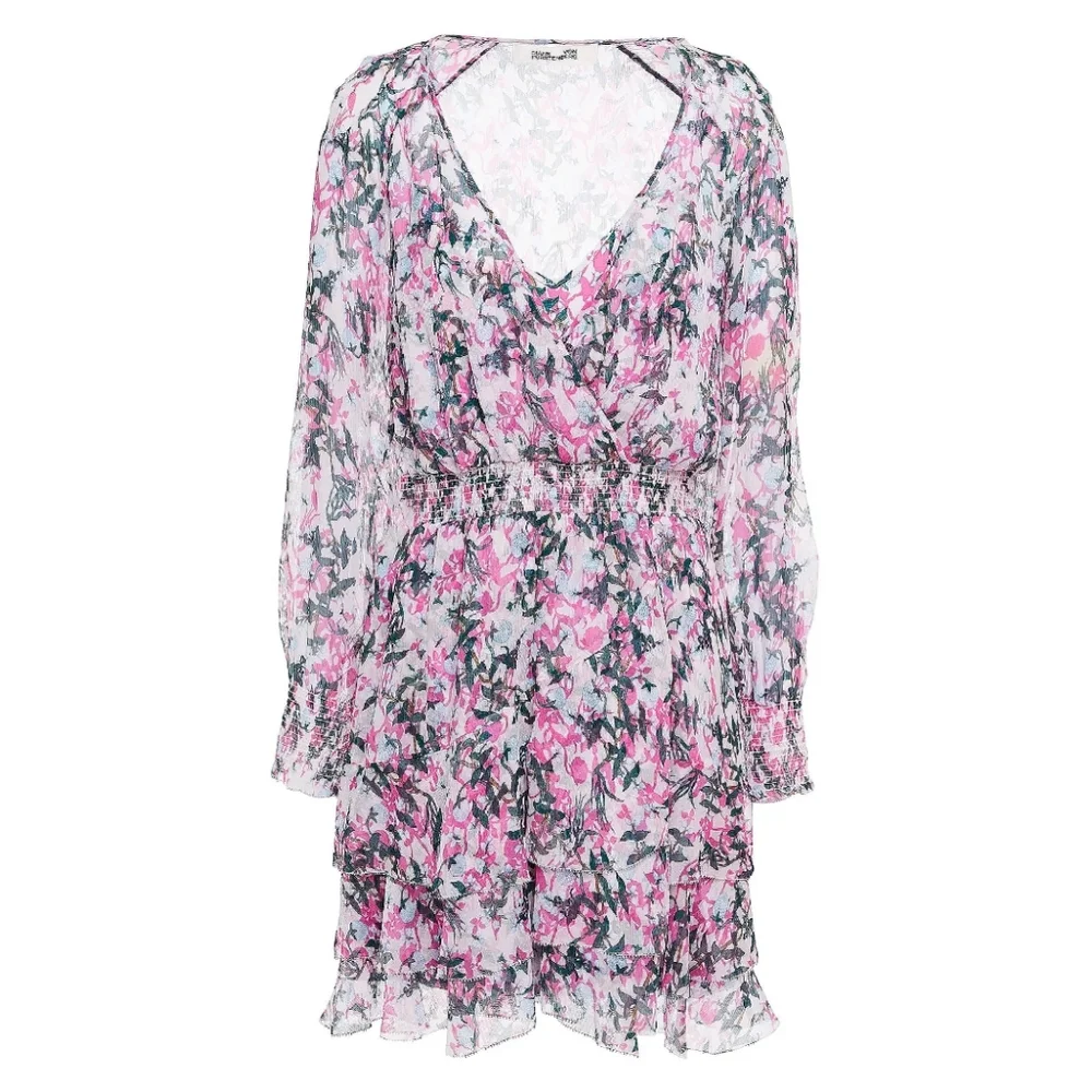 DIANE VON FURSTENBERG Kelby Floral Silk Mini Tiered Ruffle Pink Dress Size XS - Picture 15 of 17